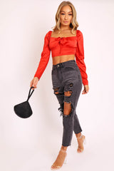 Red Satin Bow Front Milkmaid Crop Top - Elsy-Crop Tops