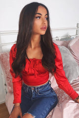 Red Satin Bow Front Milkmaid Crop Top - Elsy-Crop Tops