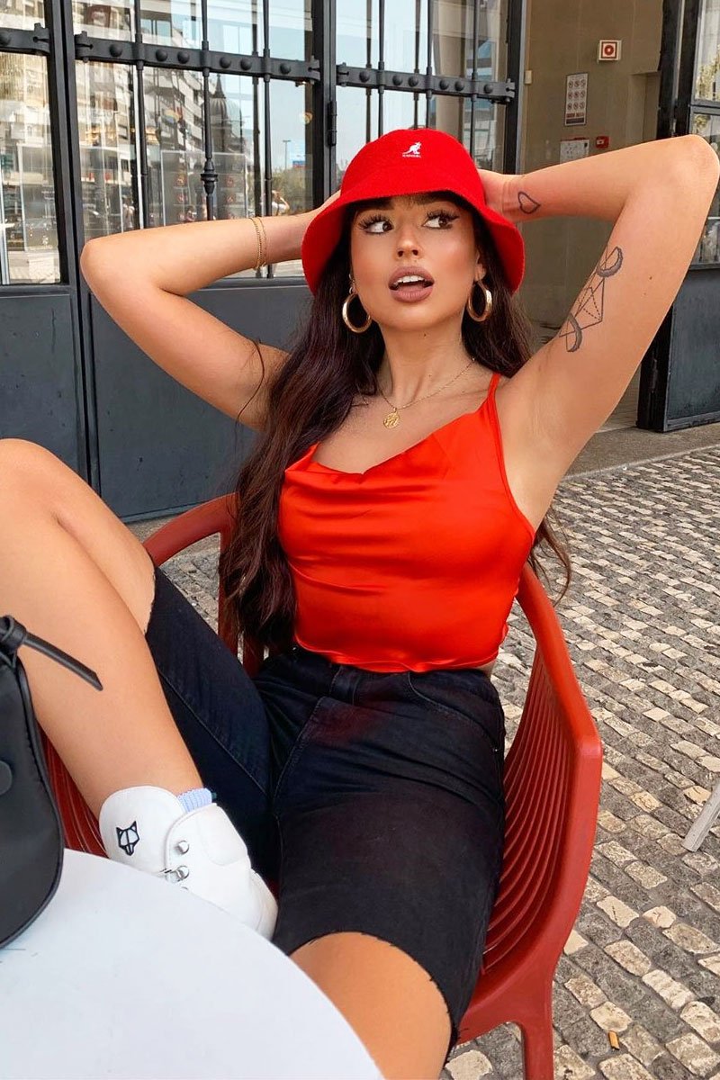 Red Satin Cowl Neck Lace Up Back Crop Top - Kamsi-Crop Tops