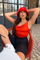 Red Satin Cowl Neck Lace Up Back Crop Top - Kamsi-Crop Tops