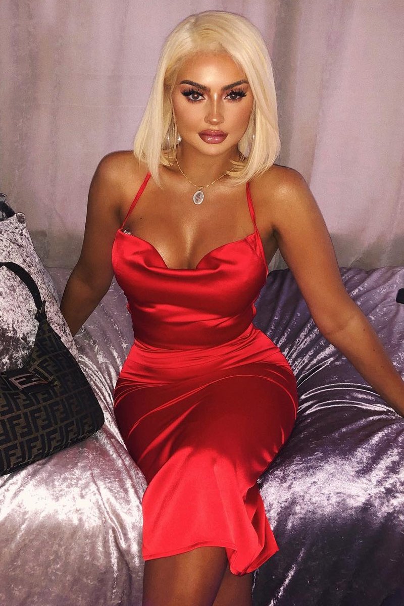 Red Satin Cowl Neck Midi Dress