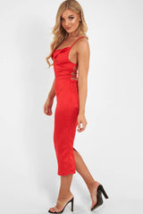 Red Satin Cowl Neck Midi Bodycon Dress - Liliana-Dresses