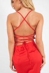 Red Satin Cowl Neck Midi Bodycon Dress - Liliana-Dresses