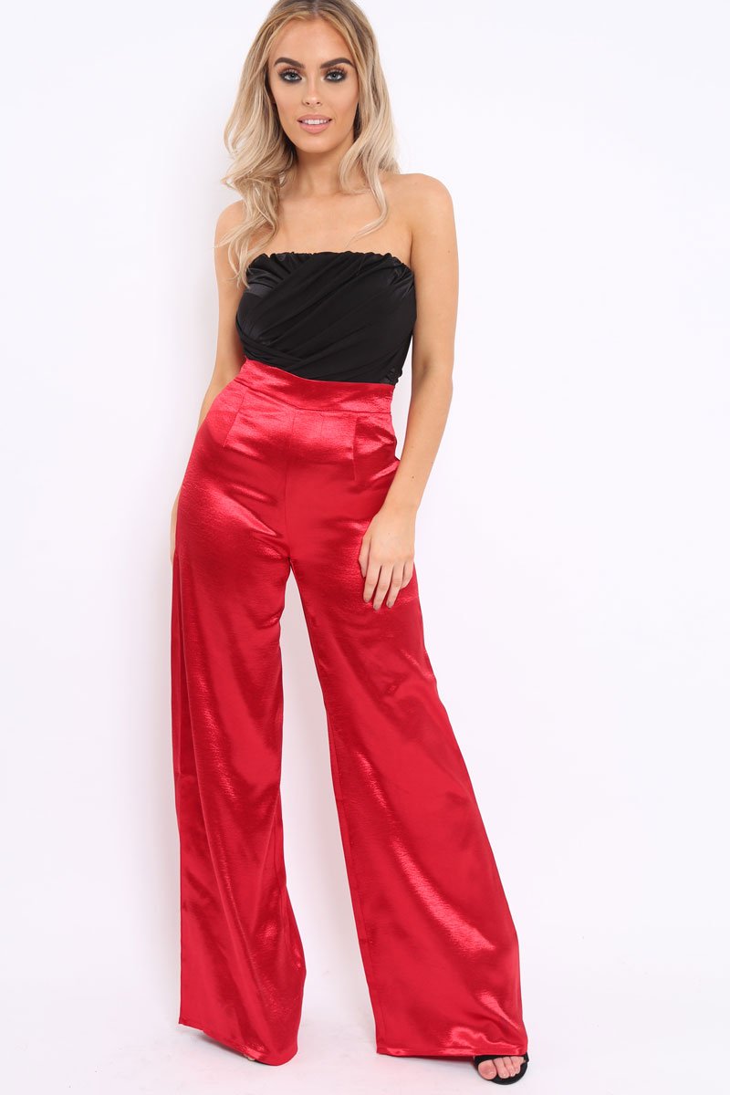 Red Satin High Waist Flare Trousers -Tisha-Trousers