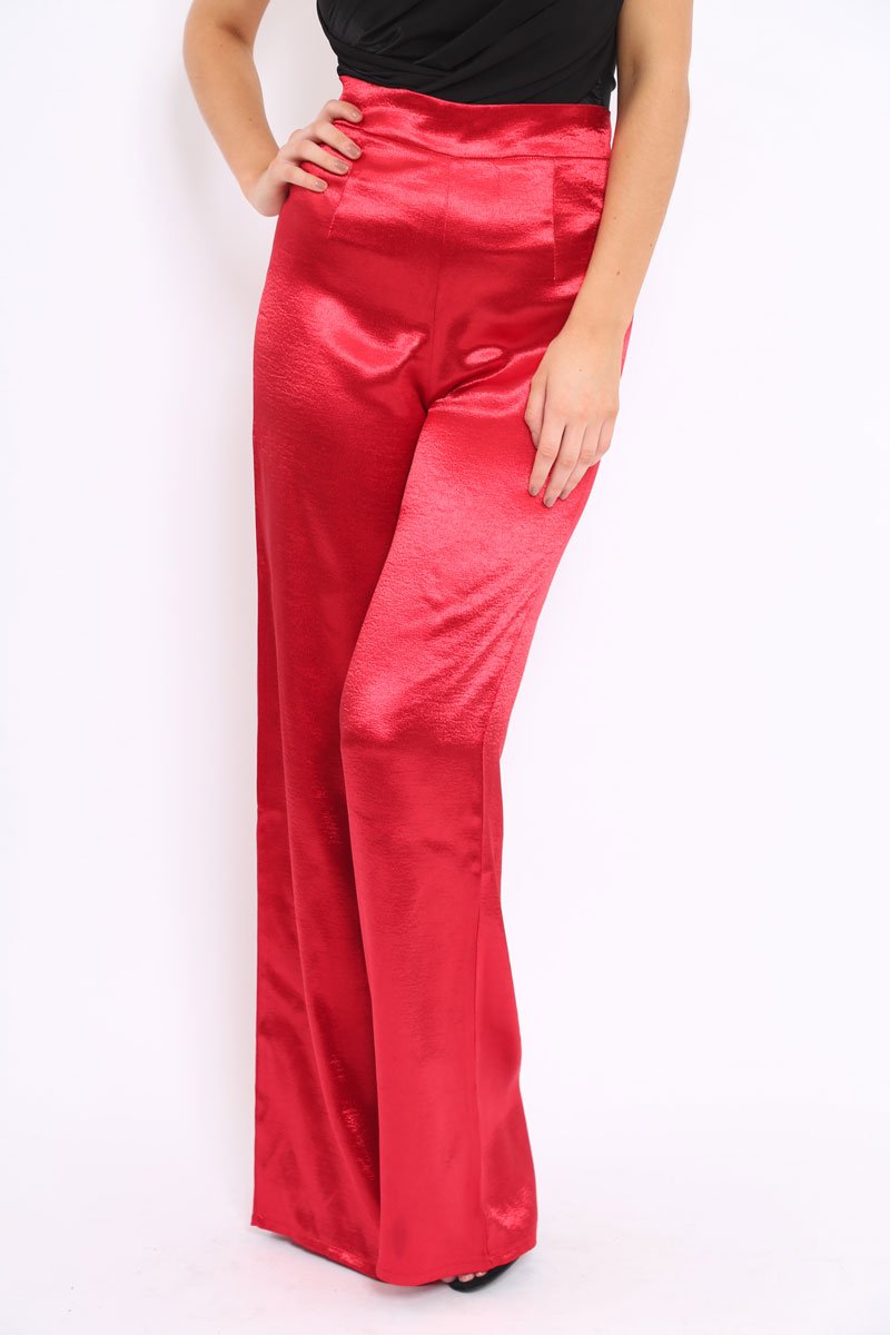 Red Satin High Waist Flare Trousers -Tisha-Trousers