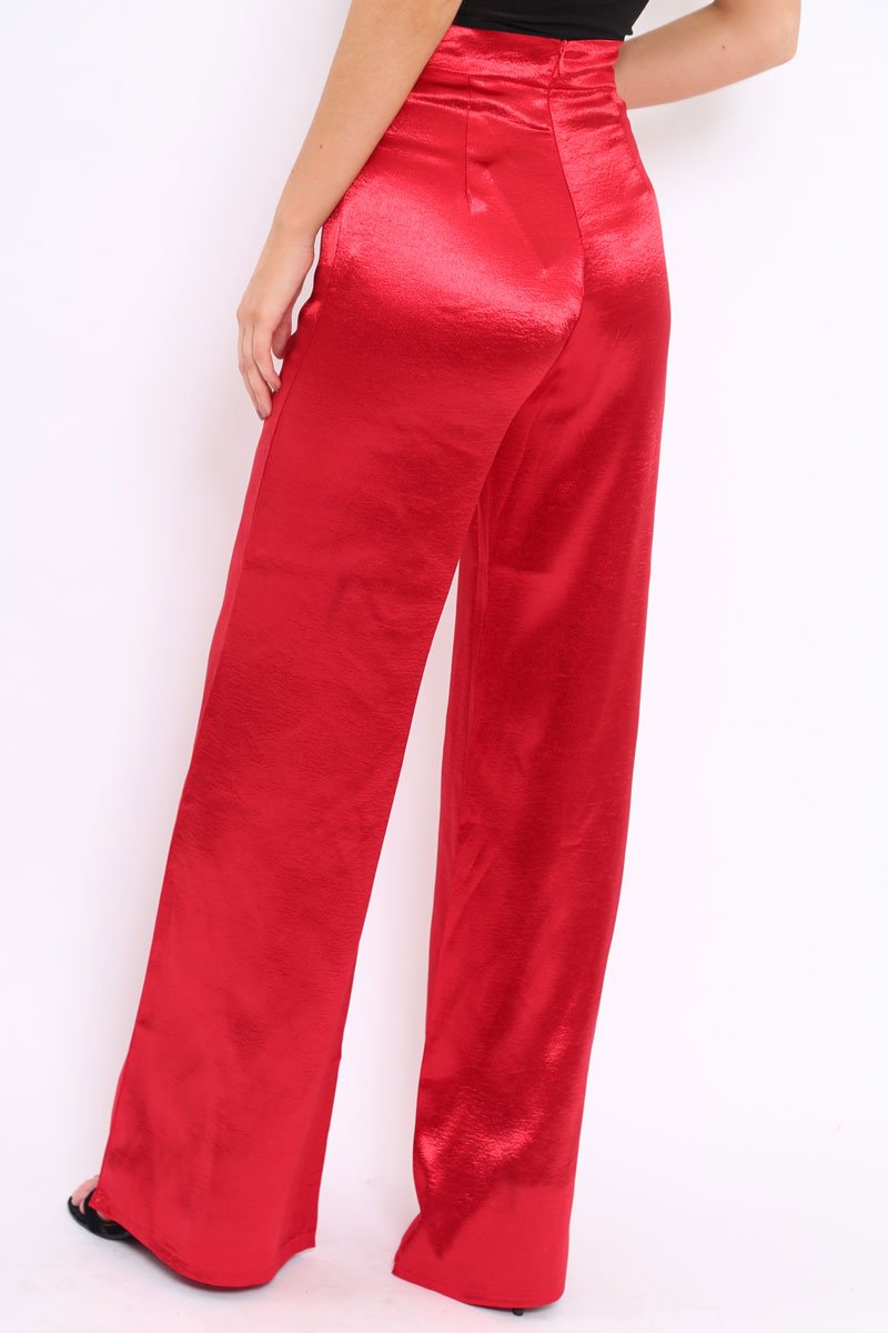 Red Satin High Waist Flare Trousers -Tisha-Trousers