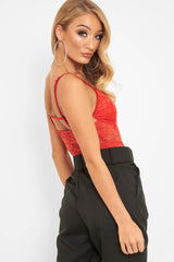 Red Satin Lace Cut Out Bodysuit - Aleiya-Bodysuits