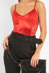 Red Satin Lace Cut Out Bodysuit - Aleiya-Bodysuits