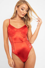 Red Satin Lace Cut Out Bodysuit - Aleiya-Bodysuits