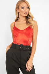 Red Satin Lace Cut Out Bodysuit - Aleiya-Bodysuits