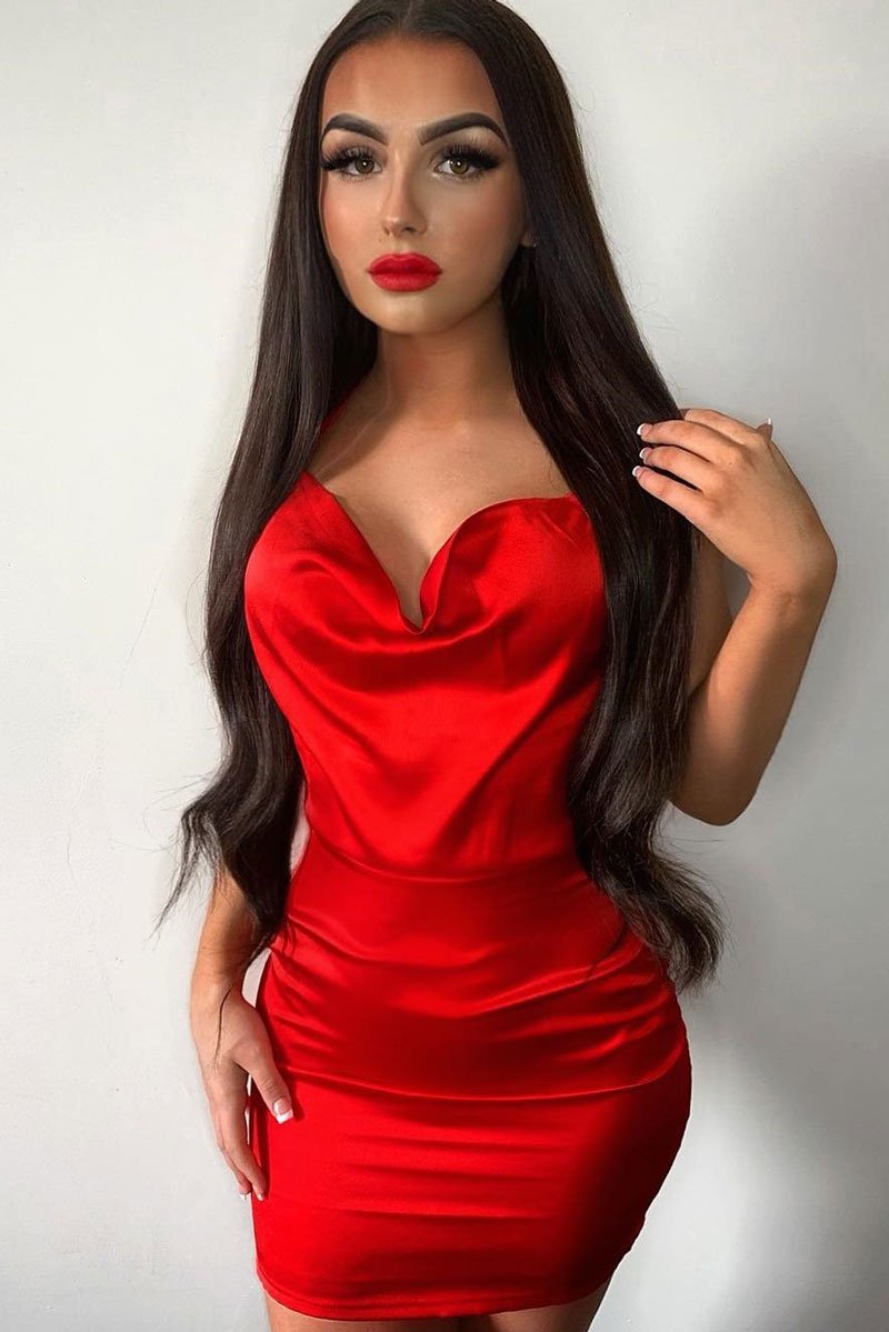 Red Satin Lace Up Bodycon Mini Dress - Sira-Dresses