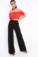 Red Satin Ruched Bardot Gypsy Crop Top - Becky-Crop Tops
