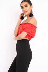 Red Satin Ruched Bardot Gypsy Crop Top - Becky-Crop Tops