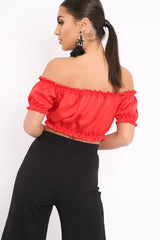 Red Satin Ruched Bardot Gypsy Crop Top - Becky-Crop Tops