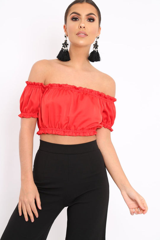 Red Satin Ruched Bardot Gypsy Crop Top - Becky