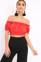 Red Satin Ruched Bardot Gypsy Crop Top - Becky-Crop Tops