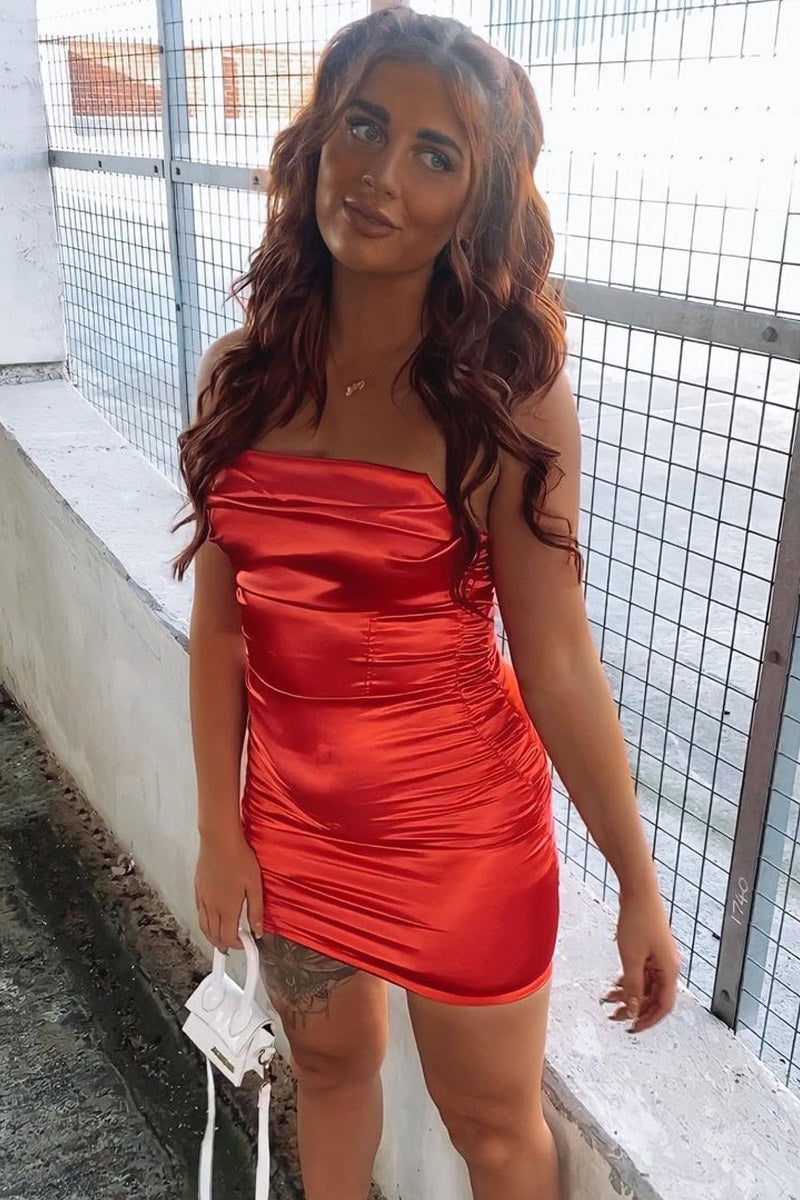 red satin ruched mini dress Red Satin Mini Dress With Off-shoulder Ruched Neckline