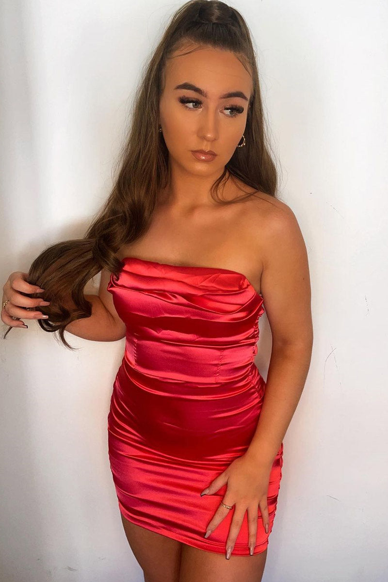 red satin ruched mini dress short red satin dress Ruched Short A-line Satin Dress by Poly USA 9248 ABC Fashion