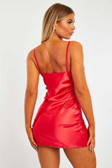 Red Satin Ruched Side Slip Bodycon Dress - Davie-Dresses