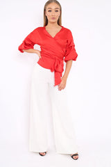 Red Satin Ruffle Sleeve Wrapover Top - Susie-Tops