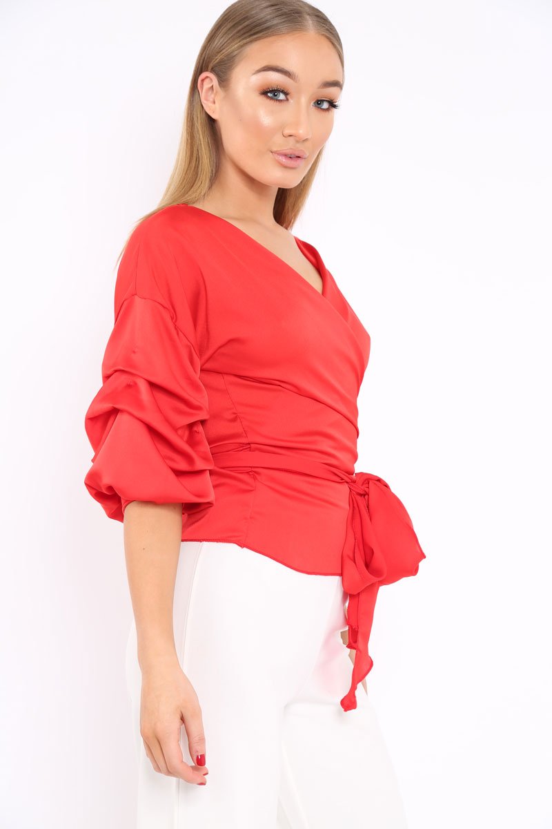 Red Satin Ruffle Sleeve Wrapover Top - Susie-Tops