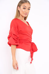 Red Satin Ruffle Sleeve Wrapover Top - Susie-Tops