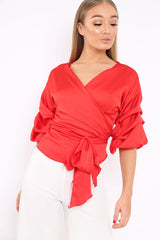 Red Satin Ruffle Sleeve Wrapover Top - Susie-Tops