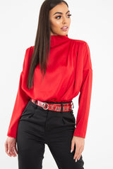Red Satin Shoulder Pad Shirred Waist Blouse - Farida-Blouse