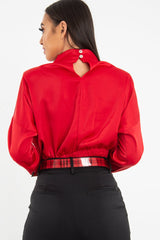 Red Satin Shoulder Pad Shirred Waist Blouse - Farida-Blouse