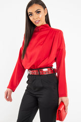Red Satin Shoulder Pad Shirred Waist Blouse - Farida-Blouse
