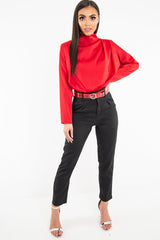 Red Satin Shoulder Pad Shirred Waist Blouse - Farida-Blouse