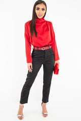 Red Satin Shoulder Pad Shirred Waist Blouse - Farida-Blouse