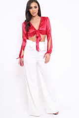 Red Satin Tie Front Top - Gweneth-Tops
