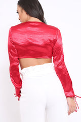 Red Satin Tie Front Top - Gweneth-Tops