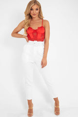 Red Scalloped Lace Satin Bodysuit - Jeriah-Bodysuits