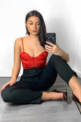 Red Scalloped Lace Satin Bodysuit - Jeriah-Bodysuits