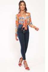 Red Scarf Print Cropped Tie Front Shirt - Kaly-Crop Tops