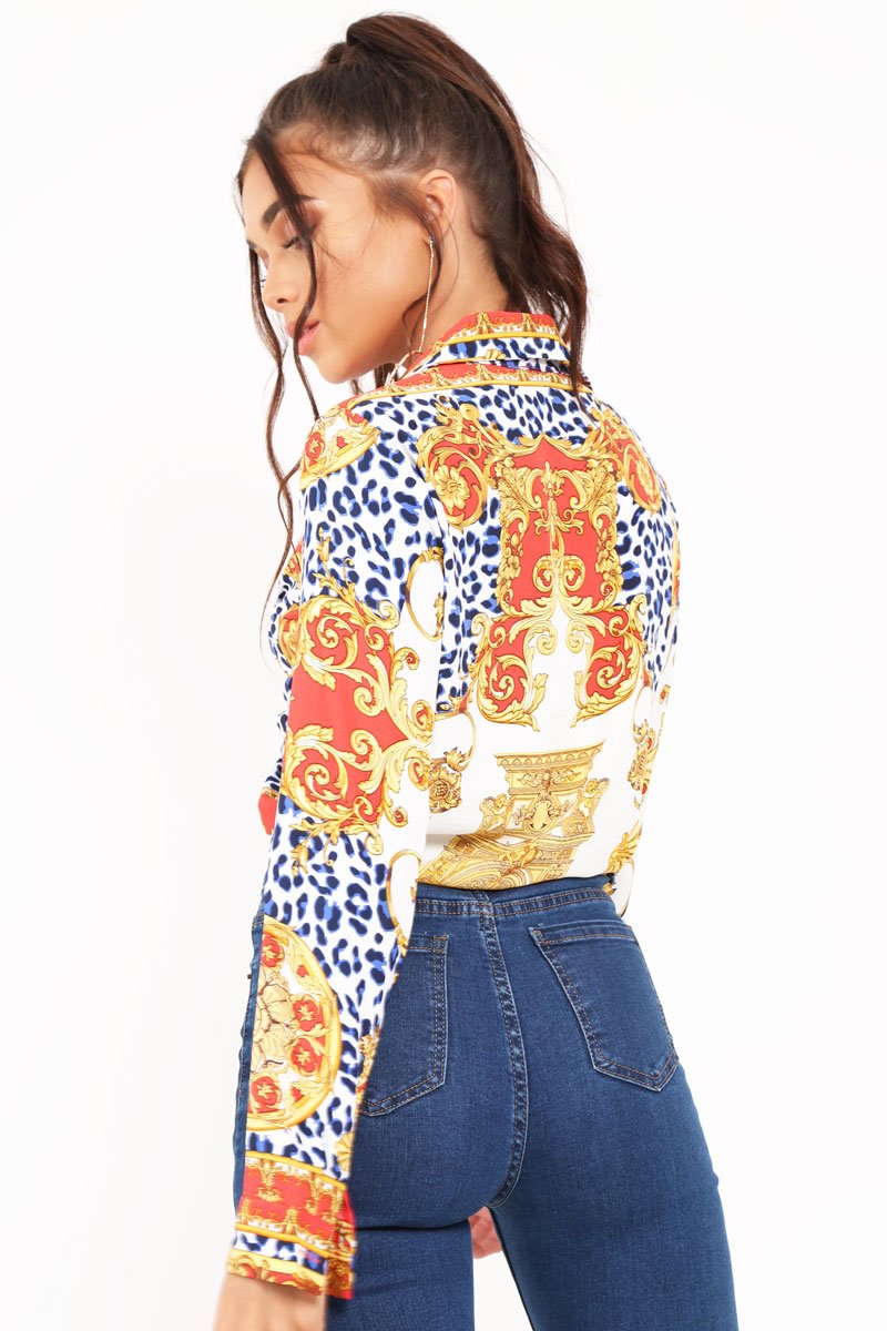 Red Scarf Print Cropped Tie Front Shirt - Kaly-Crop Tops