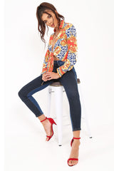Red Scarf Print Cropped Tie Front Shirt - Kaly-Crop Tops