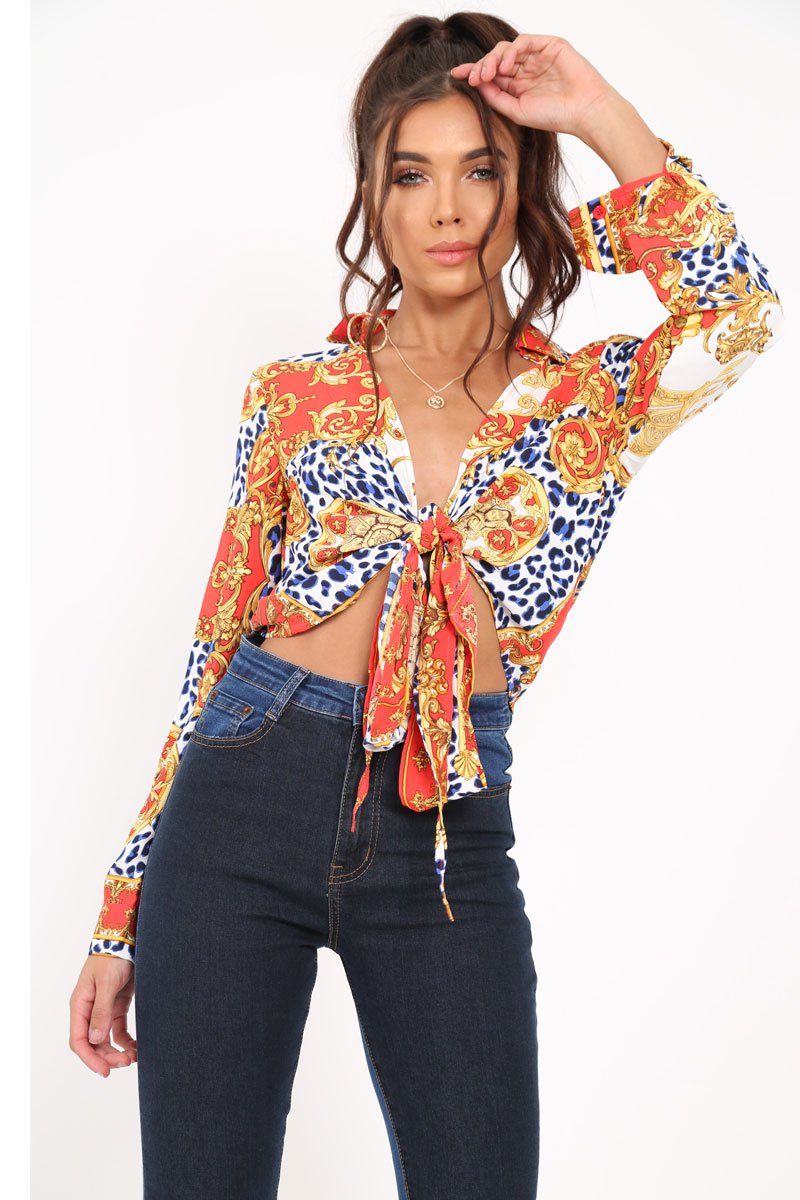 Red Scarf Print Cropped Tie Front Shirt - Kaly-Crop Tops