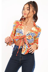 Red Scarf Print Cropped Tie Front Shirt - Kaly-Crop Tops