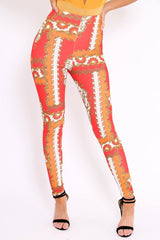 Red Scarf Print Leggings - Lilyan-Trousers