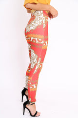 Red Scarf Print Leggings - Lilyan-Trousers