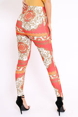 Red Scarf Print Leggings - Lilyan-Trousers