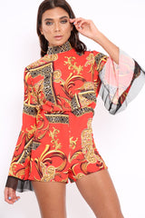 Red Scarf Print Open Back Playsuit - Cassia-Playsuits