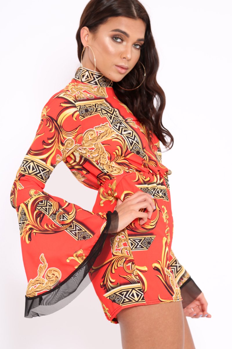 Red Scarf Print Open Back Playsuit - Cassia-Playsuits