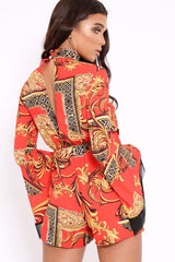 Red Scarf Print Open Back Playsuit - Cassia-Playsuits