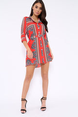 Red Scarf Print Shirt Dress - Kyah-Dresses