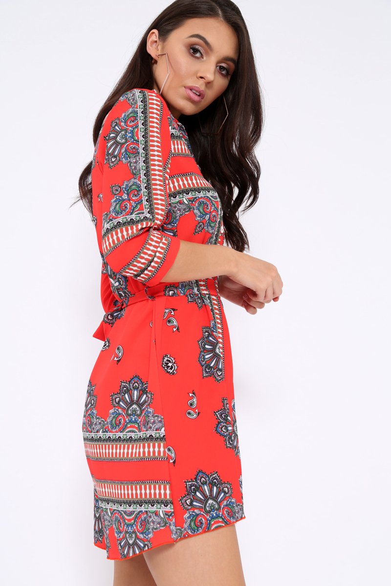 Red Scarf Print Shirt Dress - Kyah-Dresses