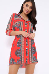 Red Scarf Print Shirt Dress - Kyah-Dresses